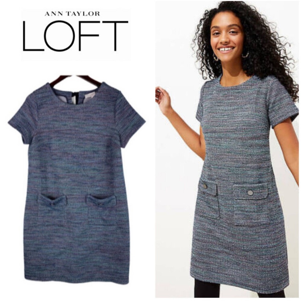 LOFT Women's Sz 0 Blue Multi Tweed Short Sleeve Sheath Dress Pockets EUC